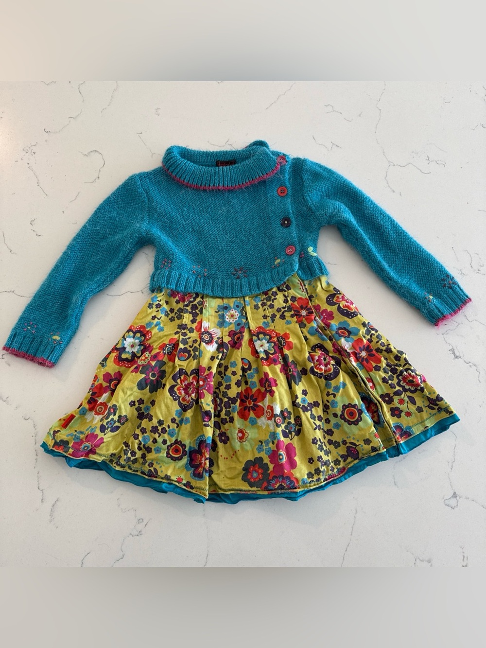 Catimini Girls Dress Size 3 3T Blue Knitted Sweater Top with Floral Print